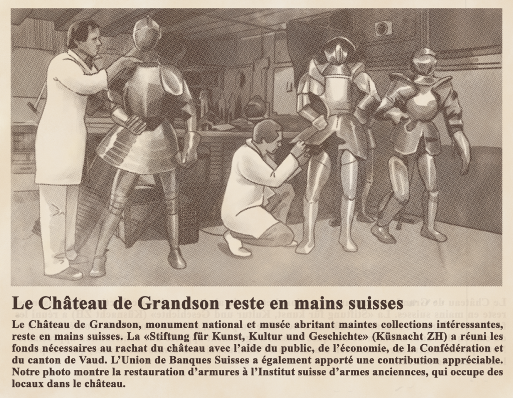 Coupure de presse d'époque "Le château de Grandson reste en mains suisses"